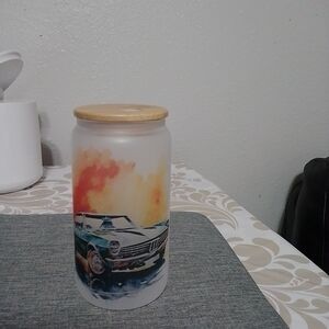 Vintage Car Design Frosted Glass Jar with Bamboo Lid